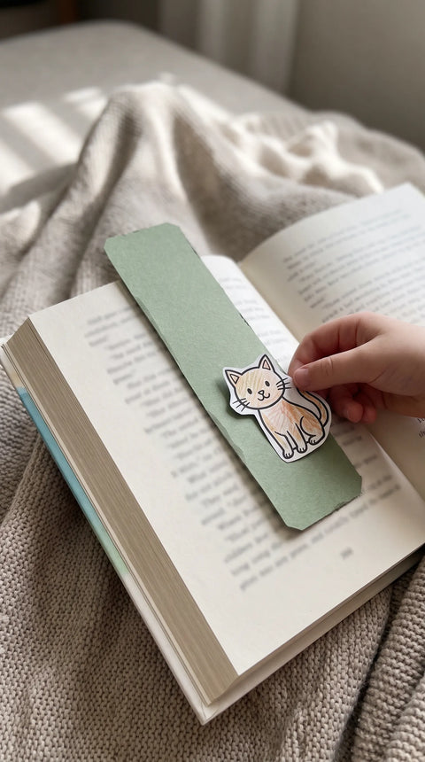 Eine Hand gestaltet ein grünes Lesezeichen mit einer kleinen ausgemalten Katze.