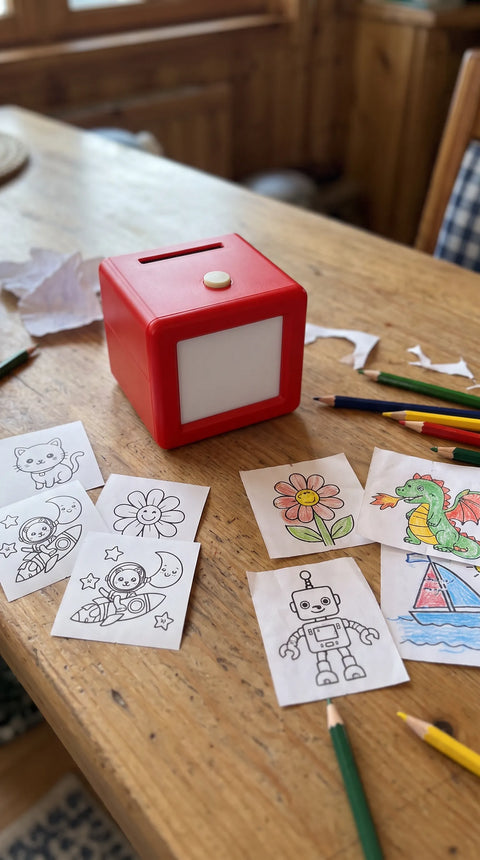 Kleine Tier-, Blumen-, Roboter- und Weltraumzeichnungen liegen neben dem Fantasini-Drucker.